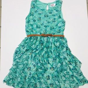 Teal flower dress with brown belt